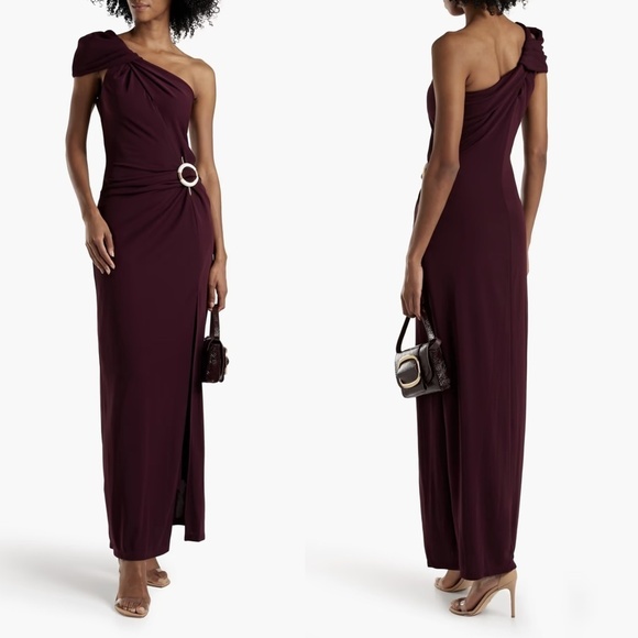 NWT NICHOLAS Cory One Shoulder Buckle Detail Crepe Gown in Grape Sz. 0 - Picture 1 of 5